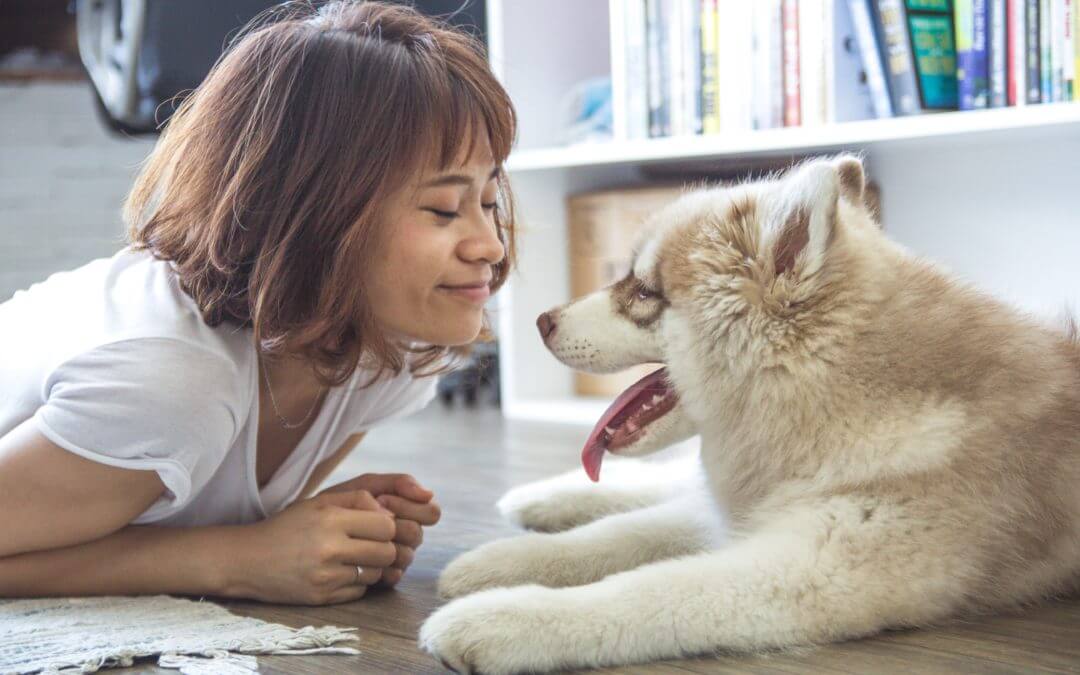 Woman and dog looking at each other