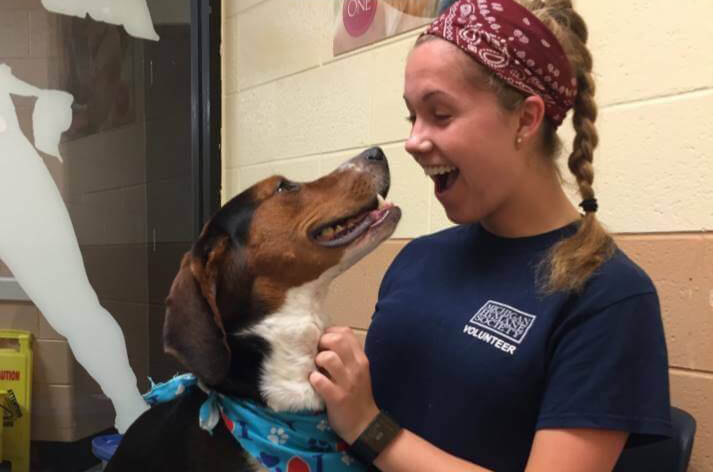Michigan Humane volunteer plays with a dog.
