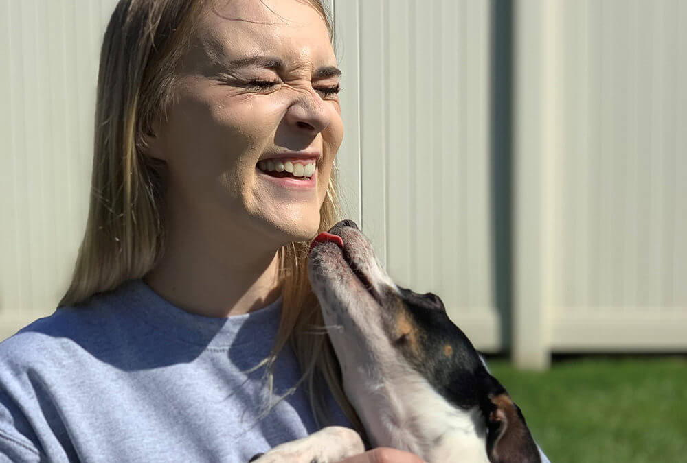 Girl playing with shelter dog.